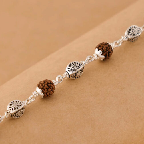 Rudraksha and Hollow Circular Silver Beads Bracelet