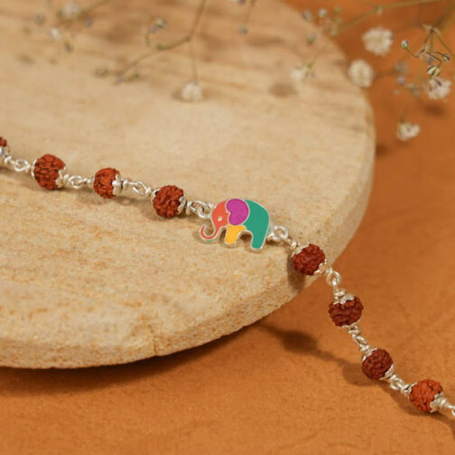 Rudraksha Silver Bracelet with Multicolor Elephant Single Line for Kids