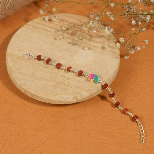 Rudraksha Silver Bracelet with Multicolor Elephant Single Line for Kids - Image 2