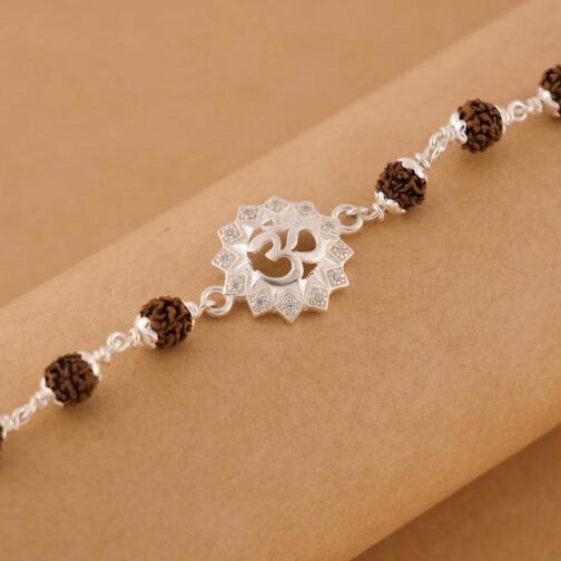 Rudraksha Silver Bracelet with Om in Concave Sphere Single Line