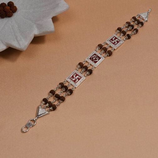 Rudraksha Silver Bracelet with Om and Swastik Triple Line - Image 2