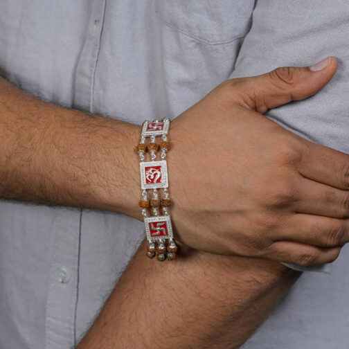 Rudraksha Silver Bracelet with Om and Swastik Triple Line - Image 3