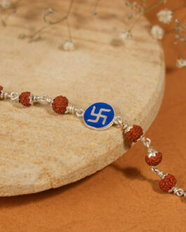 Rudraksha Silver Bracelet with Blue Swastik Single Line for Kids