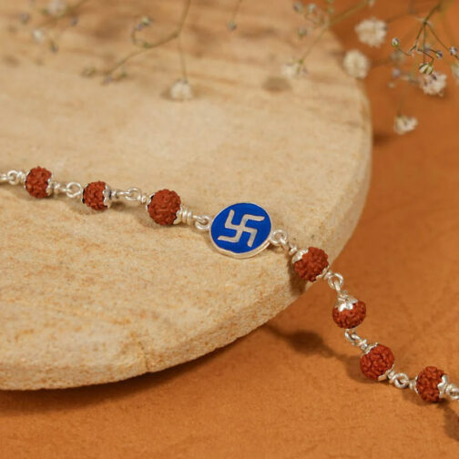 Rudraksha Silver Bracelet with Blue Swastik Single Line for Kids