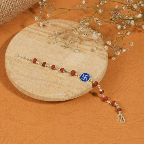 Rudraksha Silver Bracelet with Blue Swastik Single Line for Kids - Image 2