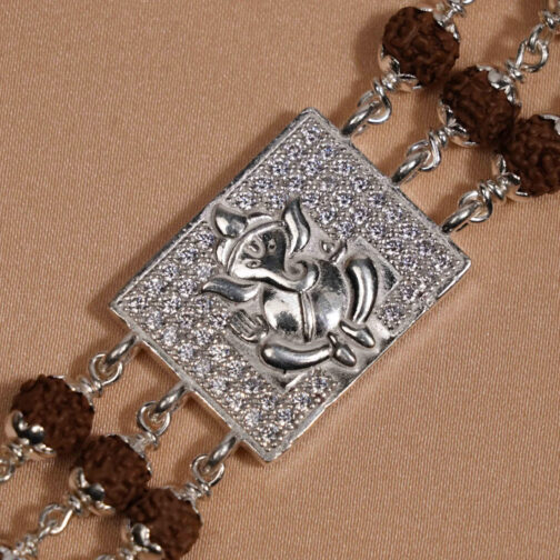 Rudraksha Silver Diamond Bracelet with Ganesh Triple Line