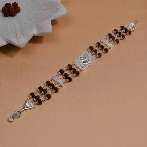 Rudraksha Silver Diamond Bracelet with Ganesh Triple Line - Image 2