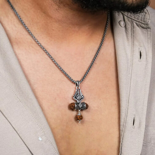 Rudraksha Trishul Om Damru Pendant With Silver Chain - Image 3