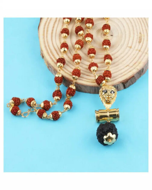 Fancy Mala (Gold Tone Lion Pendant Studded with Diamonds Rudraksha Mala for Men)