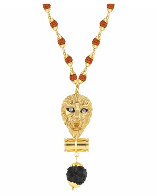 Fancy Mala (Gold Tone Lion Pendant Studded with Diamonds Rudraksha Mala for Men) - Image 3