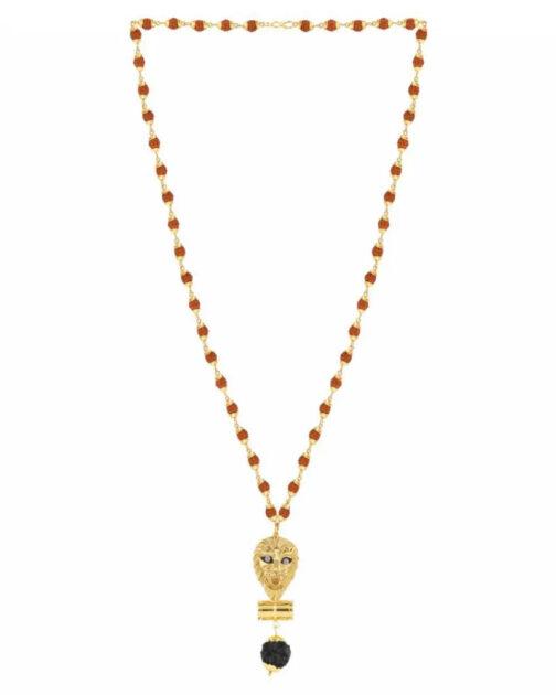 Fancy Mala (Gold Tone Lion Pendant Studded with Diamonds Rudraksha Mala for Men) - Image 4